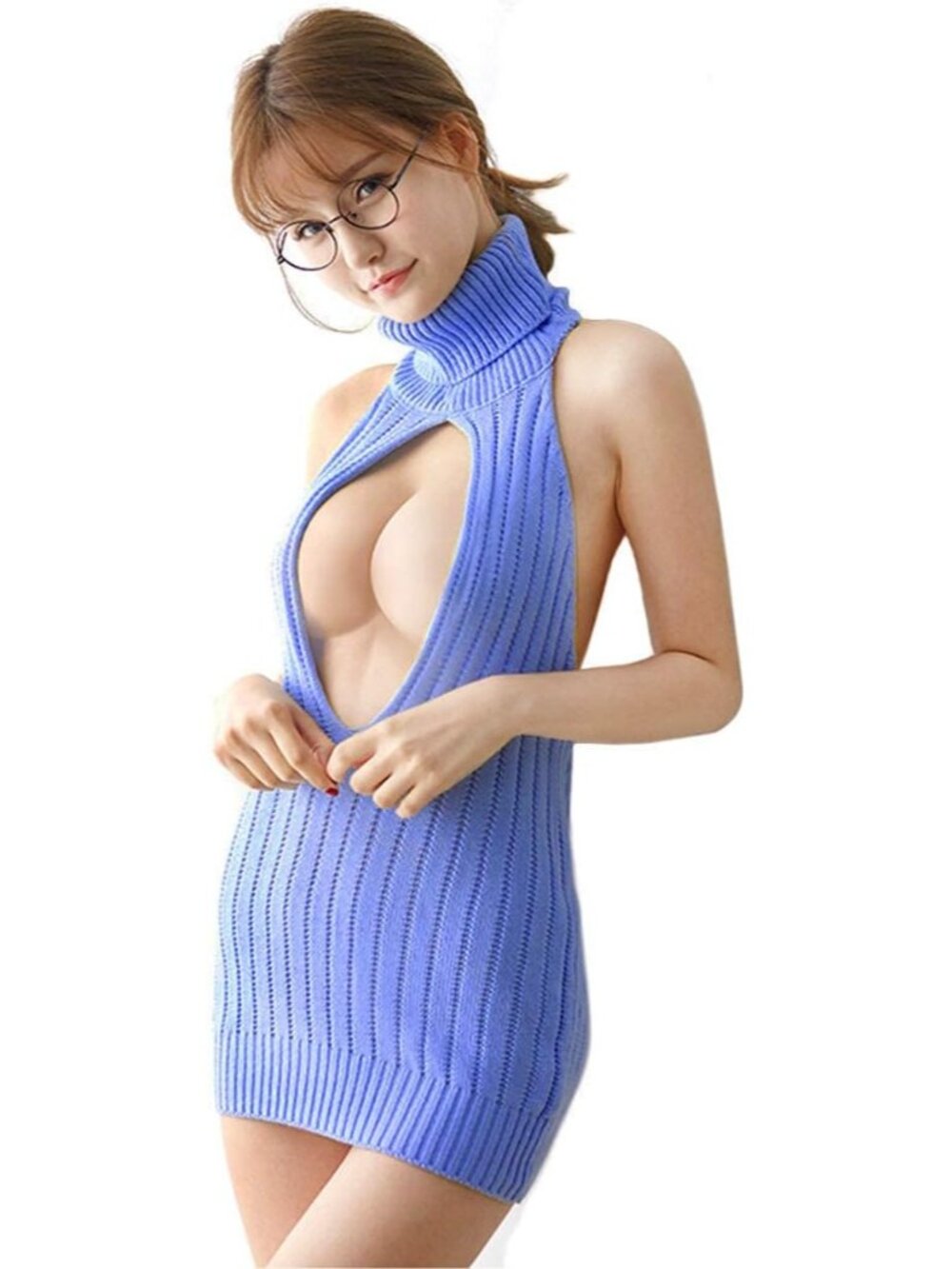 Women's Blue Backless TurtleNeck Cosplay Virgin Killer Knit Tank Top